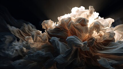 A dramatic abstract image of billowing white smoke or fabric illuminated by a bright light, creating a sense of ethereal beauty