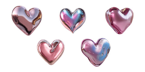 Set of glossy metallic hearts in varied styles and sizes, 3D render style, isolated on transparent background PNG. Perfect for Valentine, wedding, cards, and social media.