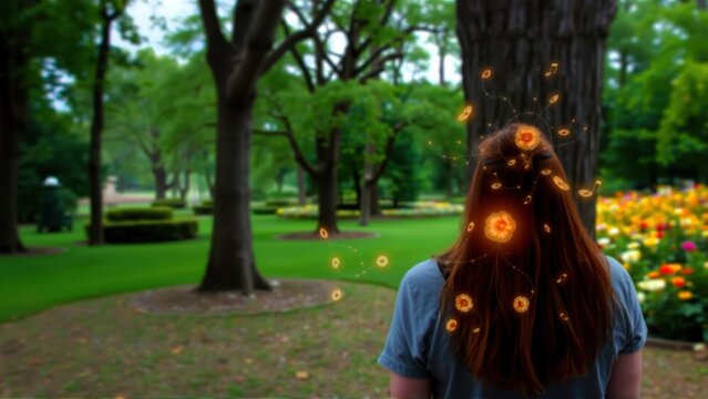 Whispering Trees Park, Singing Flowers Melodies, Hidden Tech Nature, Immersive Soundscape, Impressionist Park