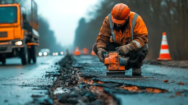 Road worker repairing asphalt highway.