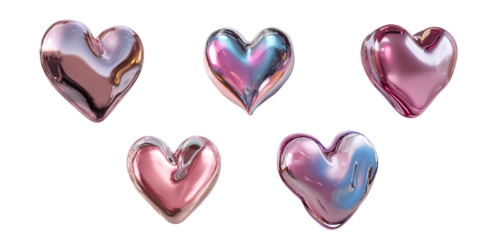 Set of glossy metallic hearts in varied styles and sizes, 3D render style, isolated on transparent background PNG. Perfect for Valentine, wedding, cards, and social media. - Powered by Adobe