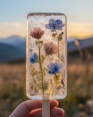 Close-up of a rectangular ice cream bar composed entirely of clear ice with delicate flowers.
