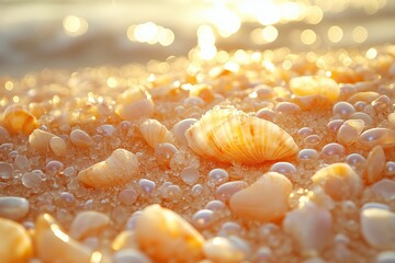 Beautiful light colored pearlescent shells and pearls lay on the yellow clean beach sand