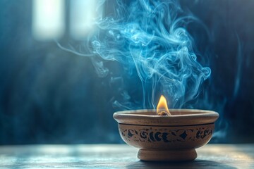 Aesthetic incense sticks with smoke on a light sunny background. Spa meditation concept. Copy space.