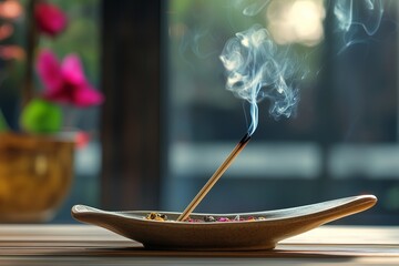 Aesthetic incense sticks with smoke on a light sunny background. Spa meditation concept. Copy space.