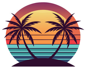 Retro Tropical sunset with palm trees vector on white background