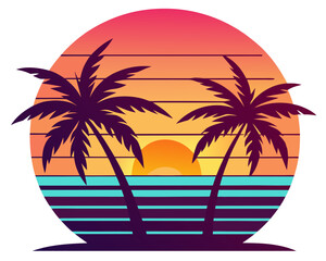 Retro Tropical sunset with palm trees vector on white background