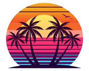 Retro Tropical sunset with palm trees vector on white background