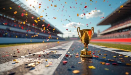 Golden trophy on race track with falling confetti. Crowd cheers event at stadium. Winner receives award on auto motorsport competition. Success in sports business after win.