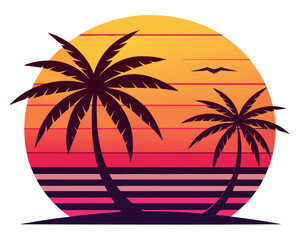 Retro Tropical sunset with palm trees vector on white background