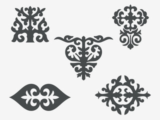 Patterns consisting of rhythmic ordered elements peculiar to Kazakh folk art. Set of vector national ornaments of Kazakhstan, Turkic peoples. Part 13