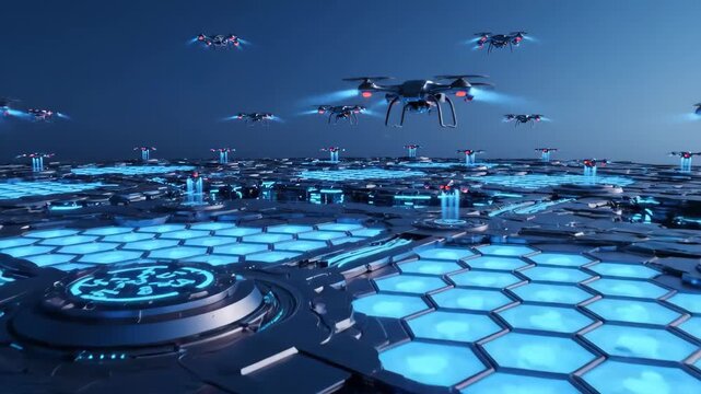 Cyber City Drones: A futuristic metropolis with a multitude of advanced drones soaring across the sky above a technological landscape. This image explores the future of urban living and technology.