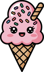 Vector art of cute pink ice cream cartoon adorable dessert with kawaii face and sprinkles vector illustration for kids, baby shower, birthday, greeting card, sticker, print