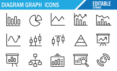 Minimal line art vector pack of diagram graph icons for data analytics, finance, and business reporting
