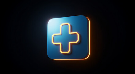 Fototapeta premium Luminous 3D plus sign in a blue square with a glowing orange neon outline on a dark background.