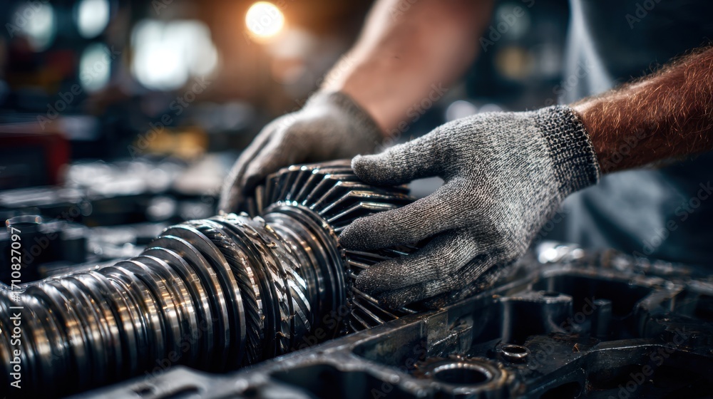 Poster focused view of a mechanics hands inspecting a manual transmission gear with background tools softly