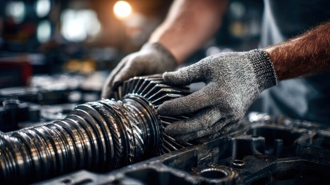 Focused view of a mechanics hands inspecting a manual transmission gear with background tools softly blurred to emphasize detail and quality.