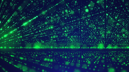 Abstract green light rays on dark gradient background. Endless light corridor with mirror reflections. Matrix, coding, data flow. Server data concept. Technology, cryptocurrency, ai.