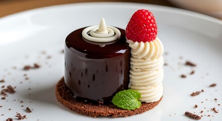 A delectable chocolate dessert, glazed and adorned with white chocolate swirls, cream, and a raspberry, sits artfully on a white plate.