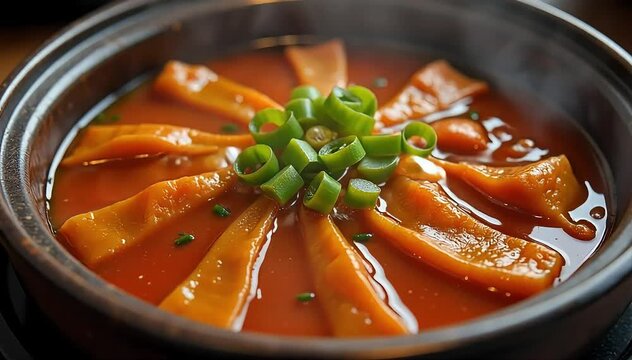Slow cooked galbi jjim bubbling gently with aromatic spices and vegetables visible inside 