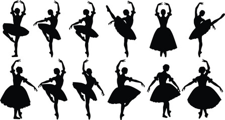 Ballerina silhouettes, ballet dancer poses, classical dance, tutu costume, elegant movement, pirouette, arabesque, graceful posture, black vector art © Creative Art