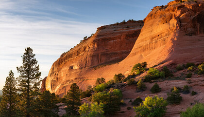Semi Circular Red Rock Cliff And Trees Back Lit By Morning Sun