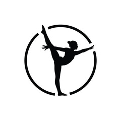 Silhouette of a gymnast performing a graceful arabesque pose within a circle