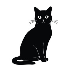 A striking black cat seated and facing forward simple silhouette