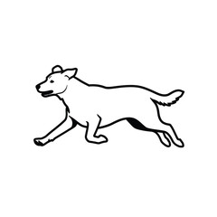 A detailed black and white drawing of a running dog silhouette