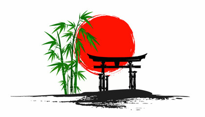 Torii Gate with Red Sun and Bamboo. Japanese Bamboo and Torii Gate. Minimal Japanese Landscape with Torii. Red Sun with Bamboo and Torii Gate. Japanese Landscape with Bamboo, Sun. Red Sun and Bamboo © Joko