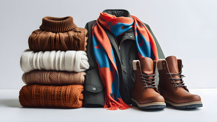Winter clothes with a combo pack on a white background