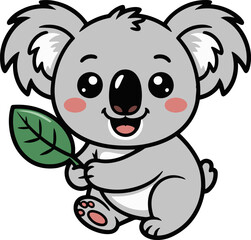 Vector art of cute koala cartoon holding a leaf the adorable koala is smiling and has big eyes the koala is gray and white, and the leaf is green the koala is standing on its hind legs