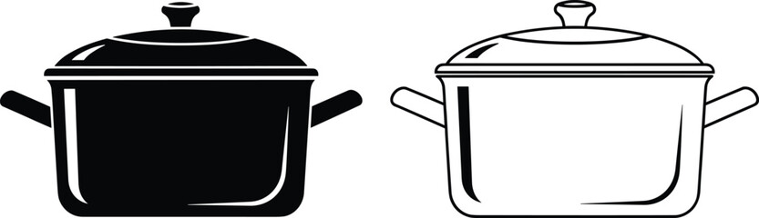 Cooking pot silhouette and outline set, black and white vector illustration, kitchenware icon, cookware design, culinary tool graphic