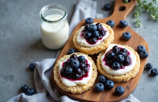 Small round cakes topped with cream cheese and blueberries. A glass of milk sits nearby on a wooden board. Berries adorn cakes, milk provides refreshment. Delicious sweet breakfast.