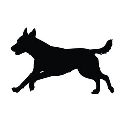 A dynamic illustration of a running dog in black silhouette