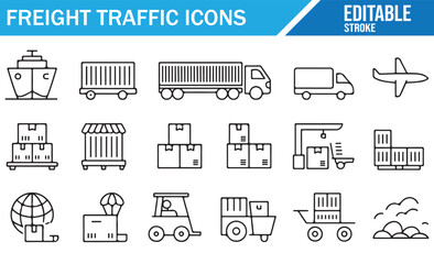Freight delivery and logistics vector icons with cargo ship, trailer, airplane, and warehouse symbols