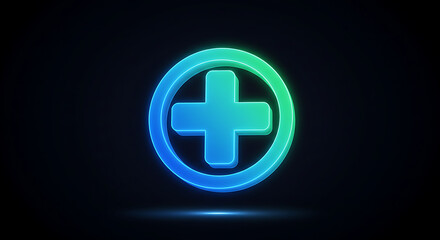 Obraz premium Luminous 3D plus sign in a blue square with a glowing orange neon outline on a dark background.