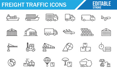 Minimal outline vector collection of freight traffic, cargo containers, logistics, and delivery icons