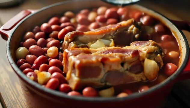 Slow cooked red beans simmering with ham hock and onions in traditional pot 