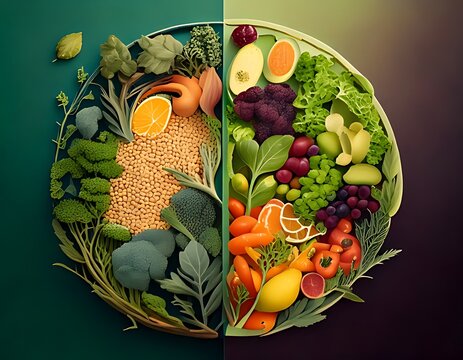 Colorful circular arrangement of various fruits and vegetables