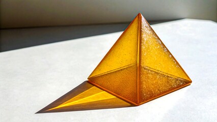 Yellow transparent pyramid geometric shape with shadow on surface
