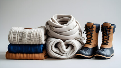 Winter clothes with a combo pack on a white background