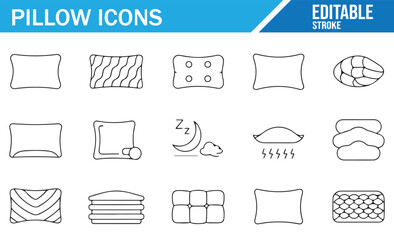 Editable line style pillow icons set including cushions, bedding, sleep, rest, and comfort symbols