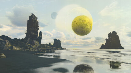 Surreal cosmic landscape with rocky cliffs, alien planets in the sky, and reflective water creating a futuristic otherworldly atmosphere