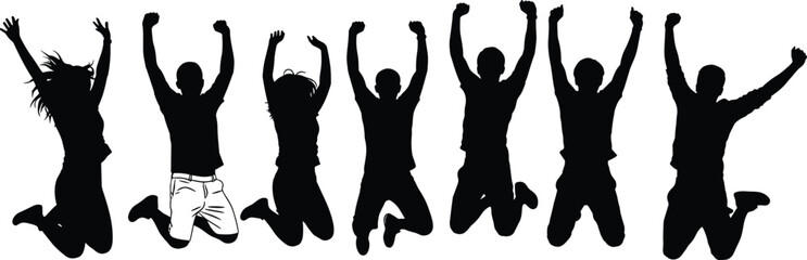 Jumping people silhouettes, celebration pose, energetic movement, black vector art, raised arms, group joy, minimal design, success concept, unity illustration