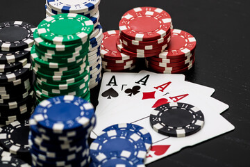 Casino chips and cards on the table. Gambling concept