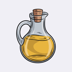 Glass Jug with Handle Filled with Golden Yellow Oil and Cork Stopper Keywords: glass, jug, bottle