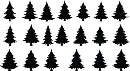 Collection of pine tree silhouettes, black evergreen icons, vector forest design elements, nature illustration set, isolated Christmas trees