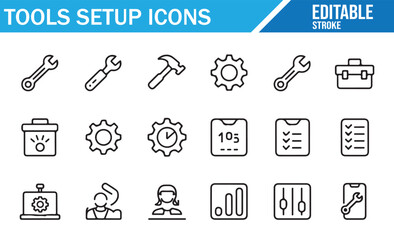 Fototapeta premium Line style editable icons of tools setup, wrench, screwdriver, hammer, gear, and toolbox collection