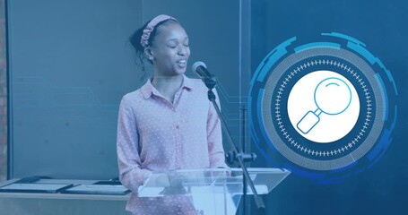 Business speaker stepping to lectern, speaking into mic showing magnifier HUD then accepting trophy - Powered by Adobe